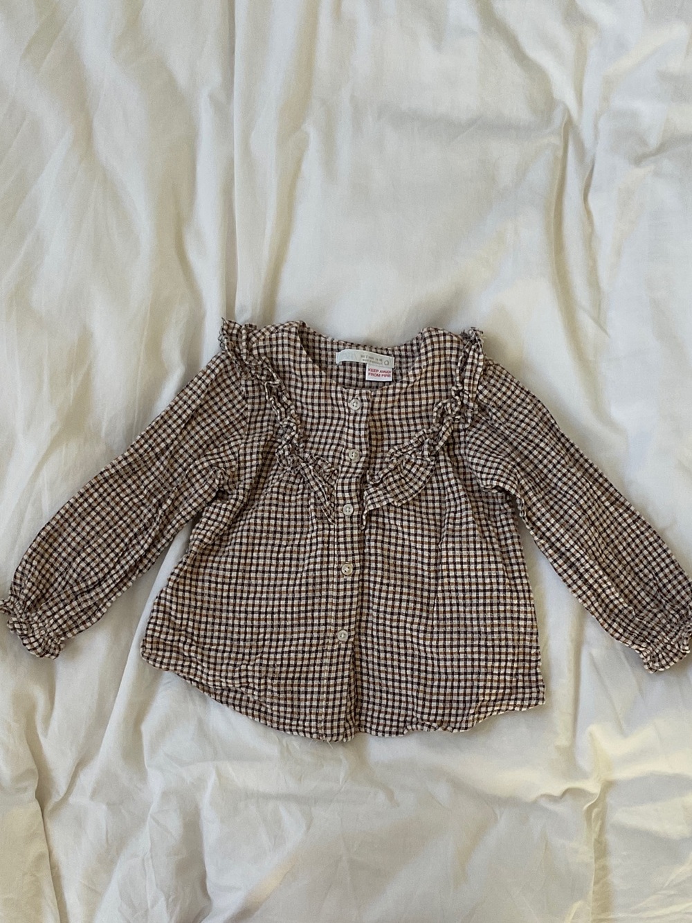 Ara Brown and White Gingham Ruffle Button-Front Blouse